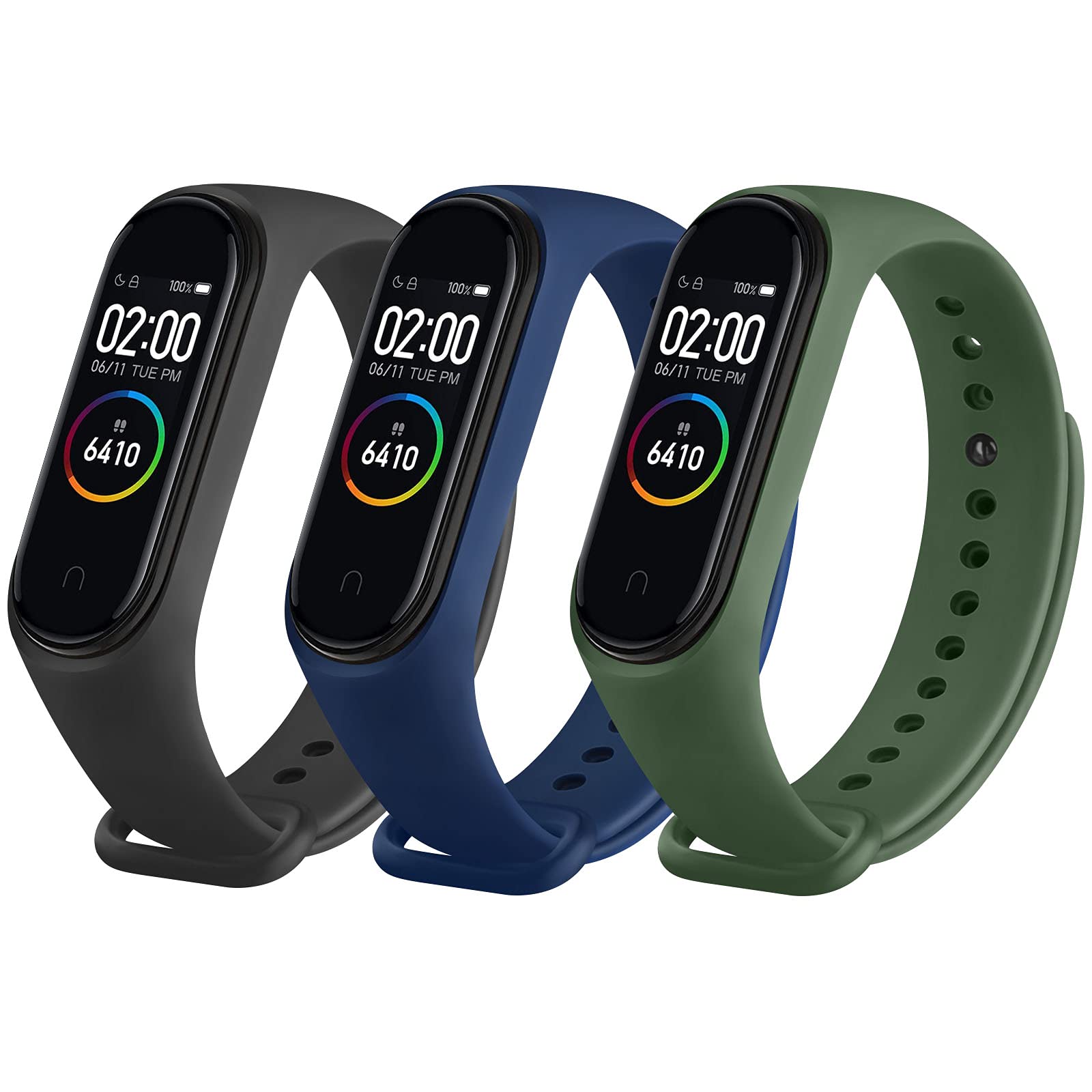 WOOZ [3 Pack] Straps for Xiaomi Mi Smart Band 4 / Mi Band 3, Colourful Replacement Bracelet in Anti-Lost Silicone Designed Fitness Tracker Accessories (Black,Navy blue,Green)