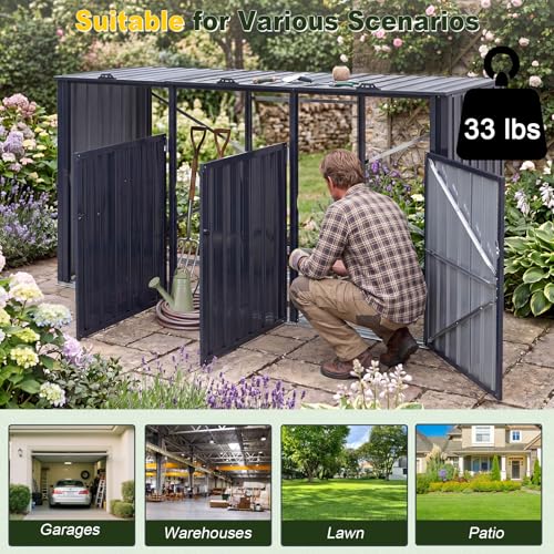 Goplus 7.8 x 2.6 FT Outdoor Trash Can Storage, 3-Bin Metal Garbage Shed with Flip-Up Lids & Lockable Doors, Galvanized Steel Utility Enclosure for Garden Tools Equipment, Patio, Backyard & Yard