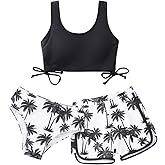 Girl's 3 Piece Bikini Bathing Suit Printed Sport Swimsuits with Shorts Cove Up Sets Teen Girl's Swimwear
