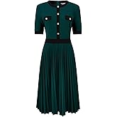 Hobemty Women's Short Sleeve Pleated Dress 2025 Trendy Contrast Color Casual Work A-Line Midi Dresses