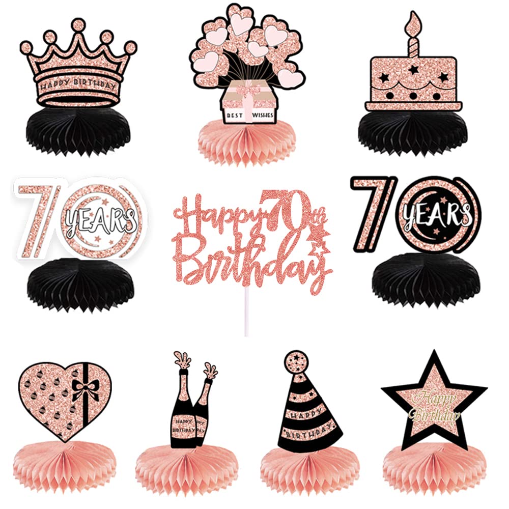 10 Pcs Happy 70th Birthday Party Centerpieces,Birthday Honeycomb Table Decorations Birthday Party Packs With Cake Topper Rose Gold Table Topper For Women 70th Birthday Decorations (70th)