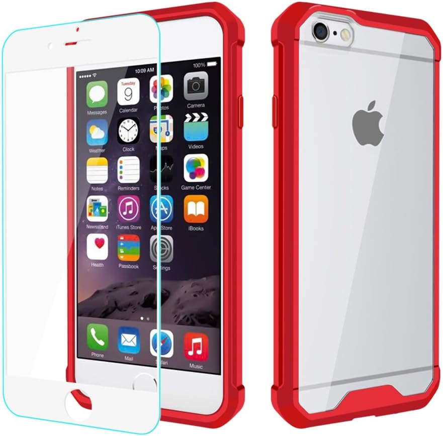 Yokase iPhone 6/6s Case, iPhone 6/6s Cover with [Tempered Glass Screen Protector] Soft TPU Border and Hard PC Back Cover iPhone 6 Case Red [Hybrid Reinforced Corners] for iPhone 6/6s - 4.7inch-Red