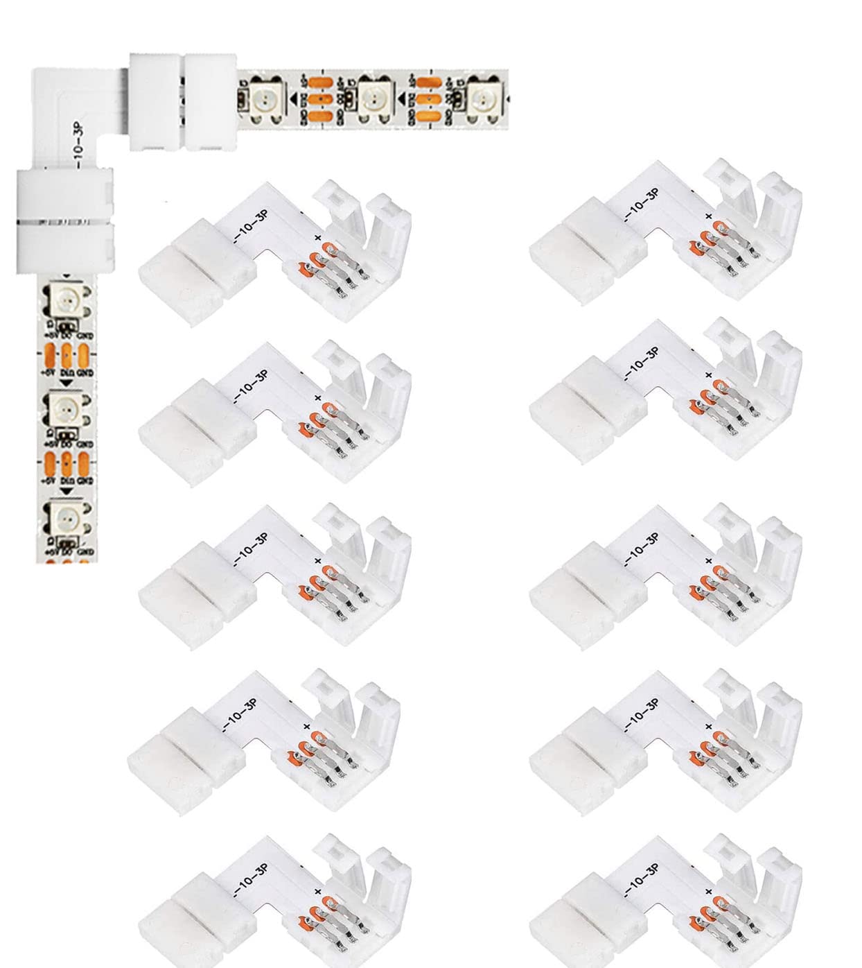 ENQIMAOYI L Shape 3 Pin Right Angle Corner Solderless Connectors 3Pin 10mm LED Light Connector 3pin L Connectors for WS2811 WS2812B SK6812 LED Strip(3PIN-10)