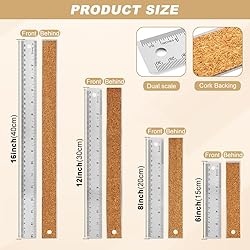 Metal Ruler with Cork Backing,6+12+16+18 Inch