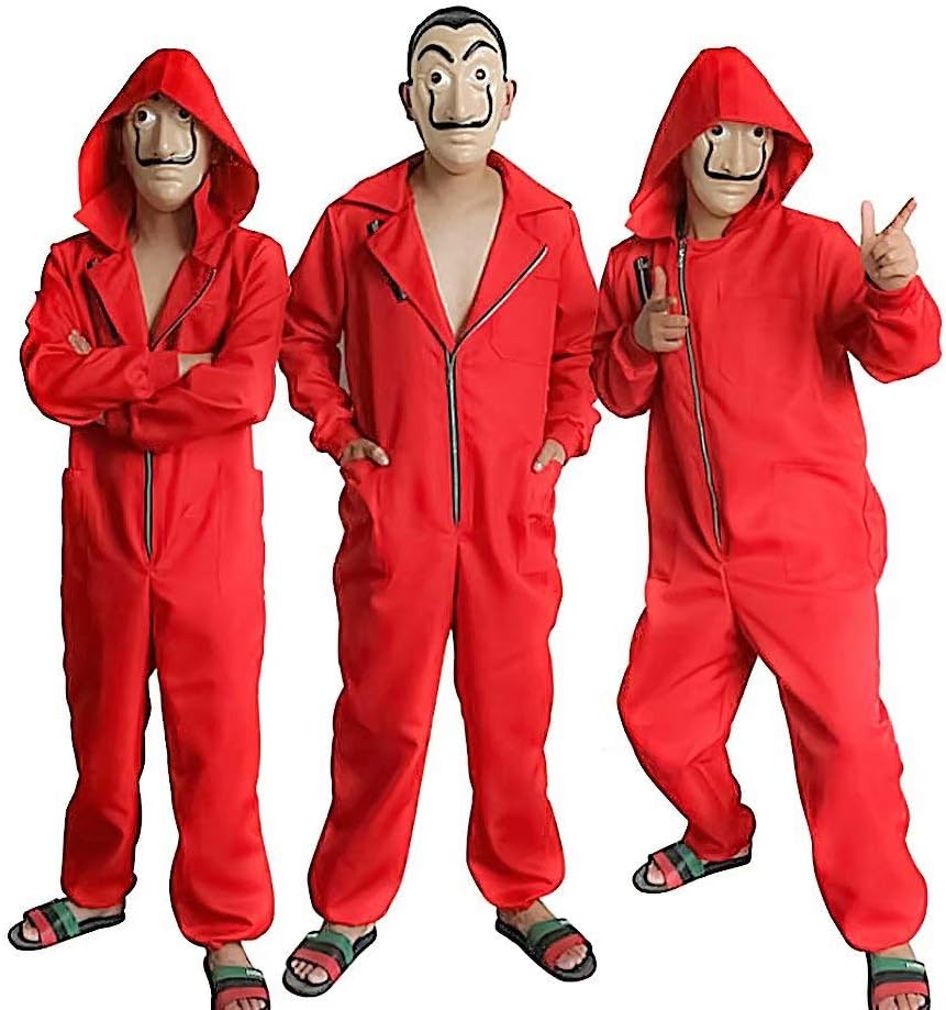 JiangJie Kawaii Cosplay adult children Dali coverall La Casa De Papel Costume Red One Piece big red jumpsuit mask costume / Halloween costume / party dress up
