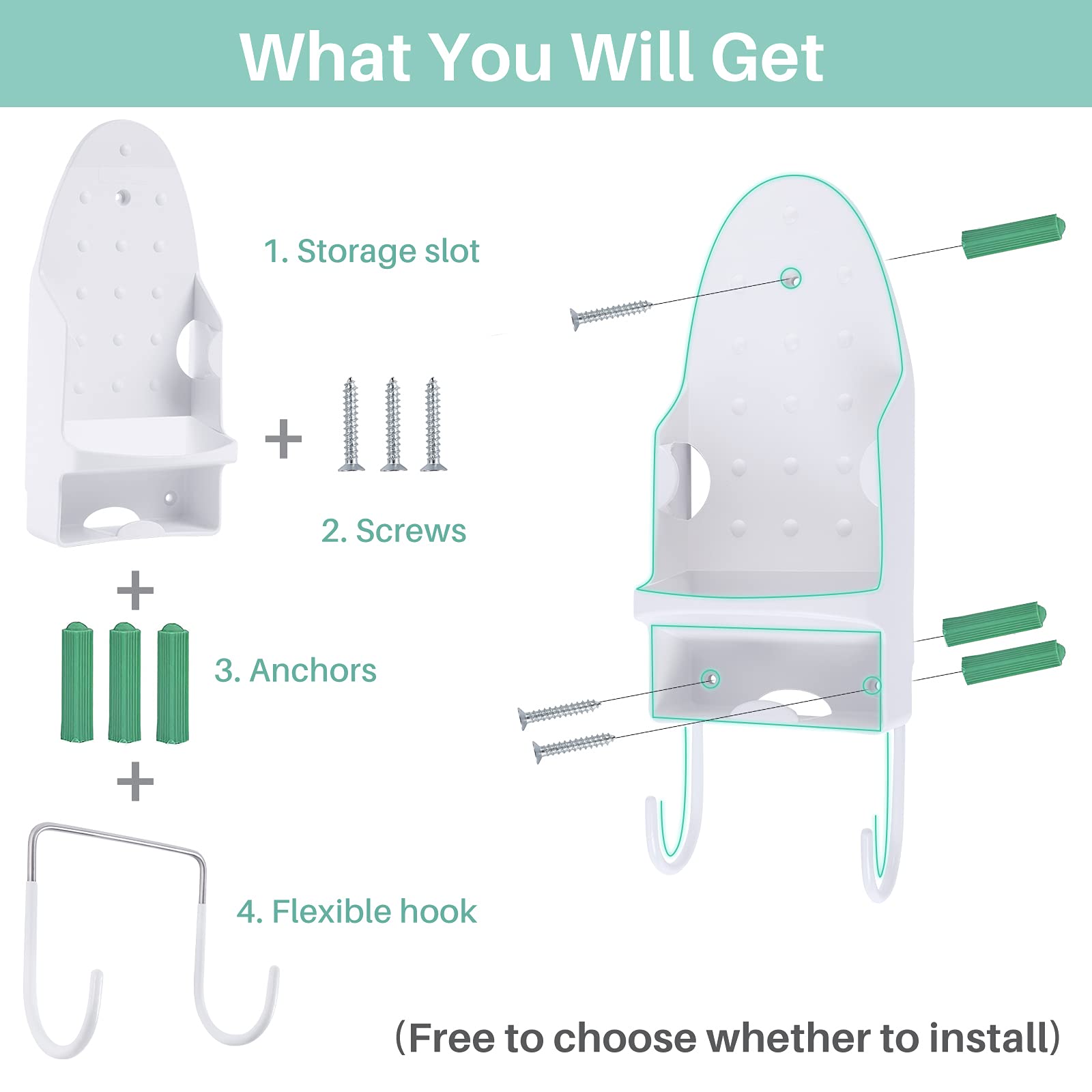 Ironing Board Hanger Wall Mount, Iron Hanger with Ironing Board Rack, Heat Resistant Iron Holder Wall Mount for Max 5 Inch Width (White)