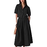 Agoeast Womens Summer 2 Piece Outfits Skirt Sets Button Short Sleeve Tops Elastic Waist Maxi Dress Sets with Pockets