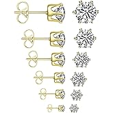 Gidemen 6 Pairs Stud Earrings Set, Hypoallergenic Cubic Zirconia Surgical steel Earrings Stainless Steel CZ Earrings 3-8mm Steel color