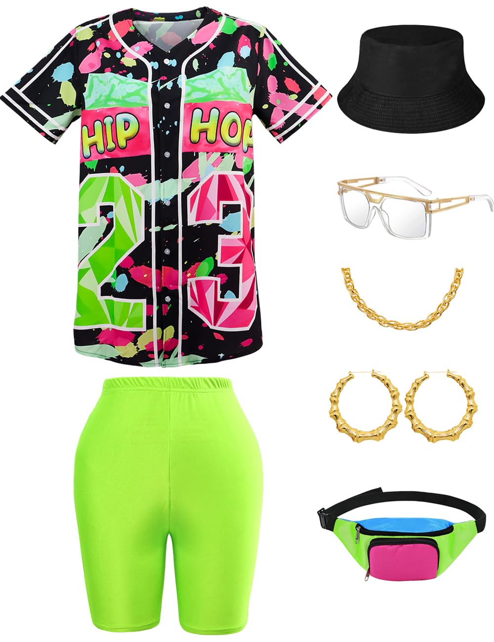 Photo 1 of 80s 90s Outfit for Women Hip Hop Costume Baseball Jersey Shirt Shorts Set, 90s Outfits for Women Party 90s Woman Costumes Black