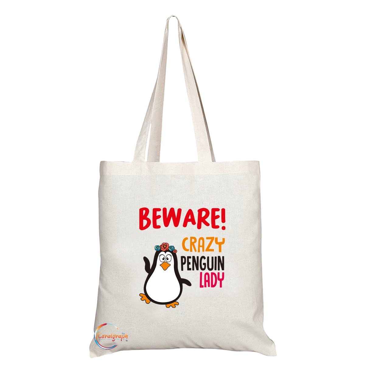 TB234 Beware Crazy Penguin Lady (B) Novelty Present Gift Printed Eco-Friendly Stylish Long Handled Tote Shoulder Bag