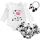 Emmababy Cow Print Baby Outfit Girl Ruffle Romper Long Sleeve Bodysuit Shorts Set Infant Cowgirl Outfit Western Baby Clothes