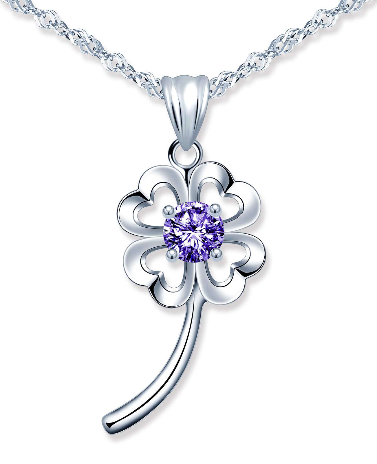 MicLee Women's girl's Necklace pendant, 925 Sterling Silver necklace, beautiful hollow four leaf clover necklace, Shiny pendant, Inlaid zircon, silver and purple