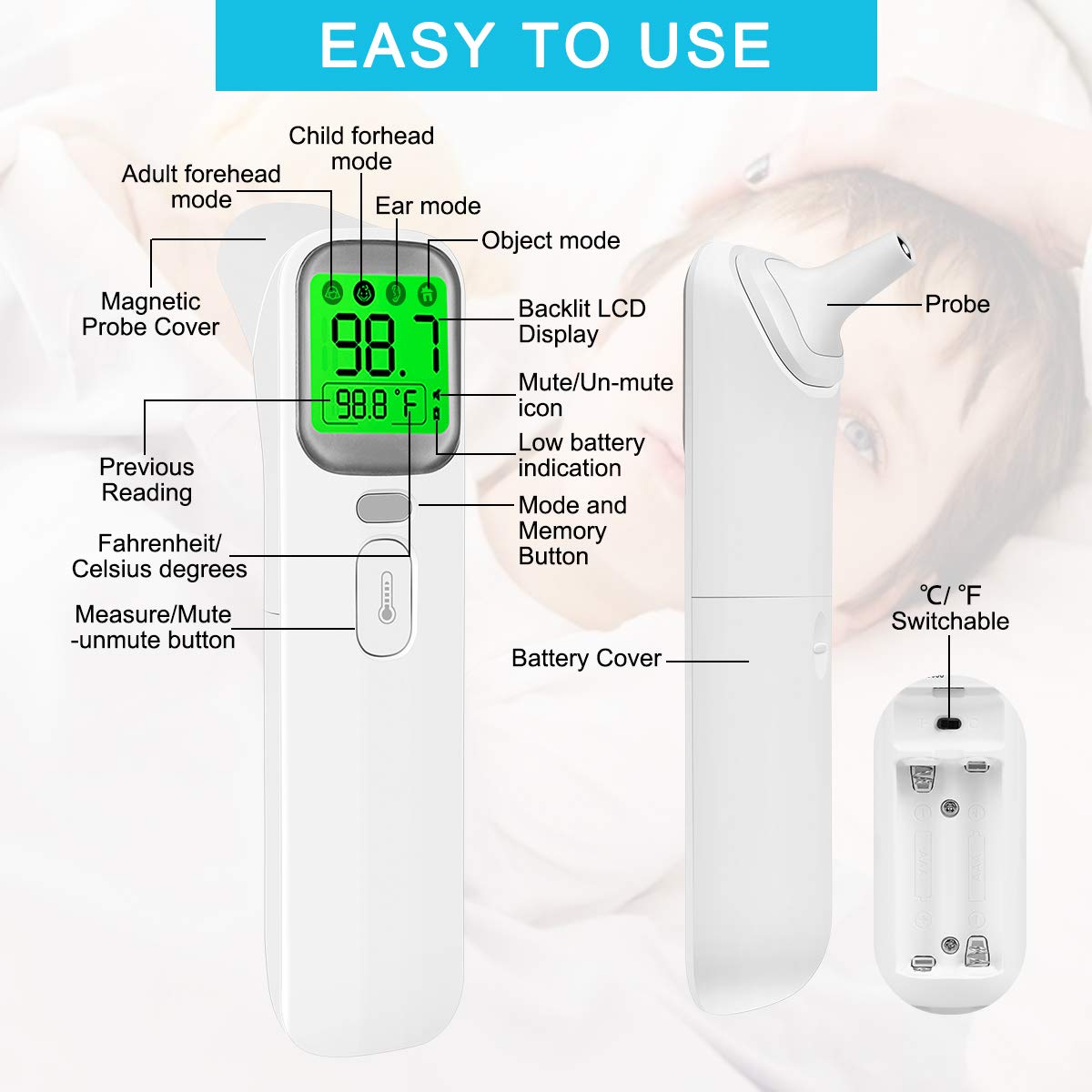 Infrared Thermometer for Adults Forehead Ear Thermometer with Fever Alarm Digital Thermometer for Babies,Children,Adults Indoor and Outdoor Use: Industrial & Scientific