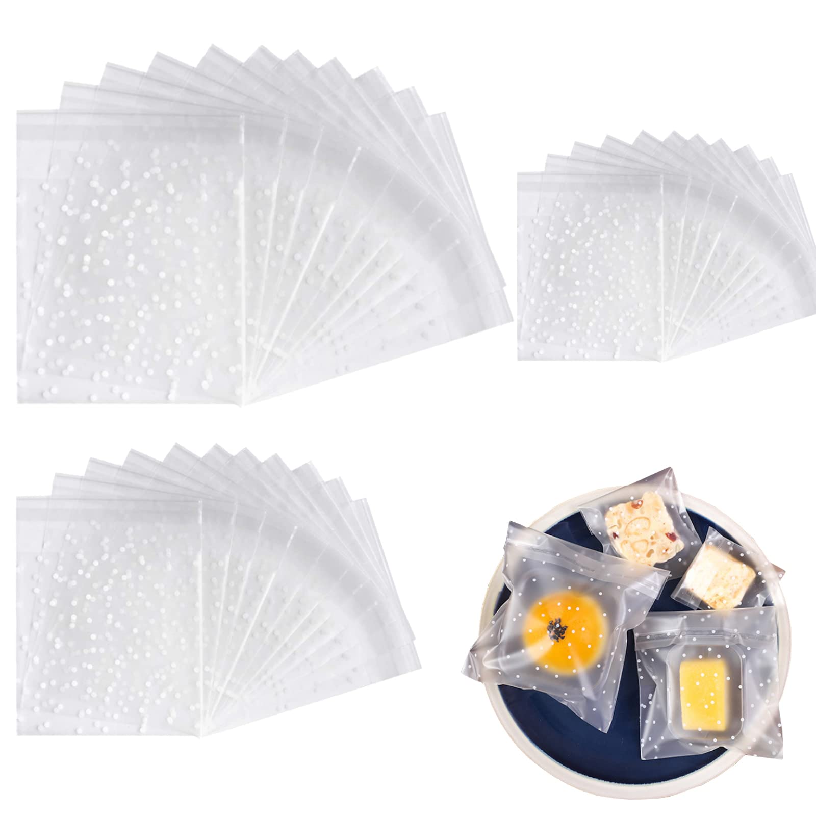 Pack of 300 Transparent Cellophane Bags - Frosted White Polka Dot - Gift Bag for Sweets, Biscuits, Soap, Chocolate, Cookies, Party, Wedding, DIY, Holiday, 7 x 7 cm, 10 x 10 cm, 14 x 14 cm