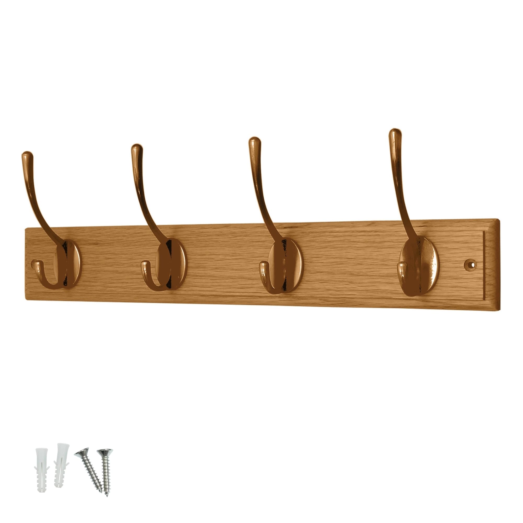 Keypak 4 Hook Oak Effect Wall Mounted Coat Rack with 4 Antique Brass Double Hooks - Heavy Duty Wooden Board for Coats, Hats, Bags, Tools Space Saving Wall Storage Organiser