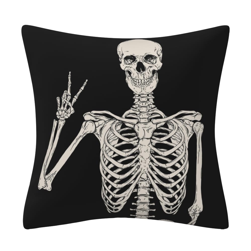 DILOXNSU Cushion Covers 45 x 45 cm Halloween Skull Skeleton Posing Black Double-Sided Square Modern Decorative Pillows Covers for Room Sofa Outdoor Chair Decor Cushion Cover 18 x 18 inch