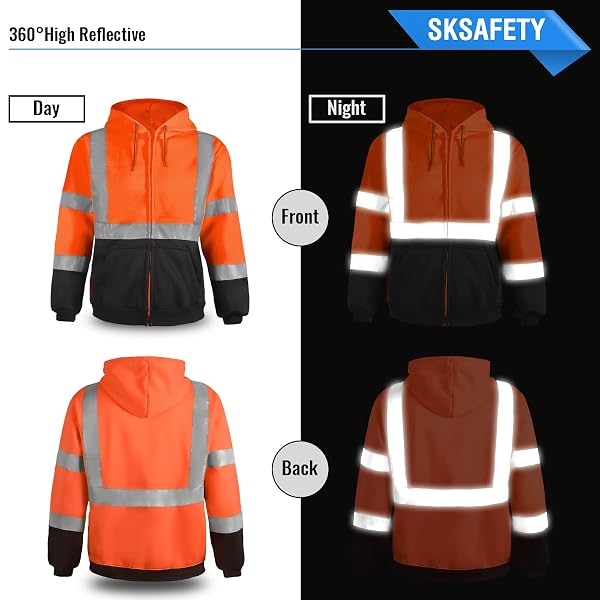SKSAFETY HI VIS WORK SAFETY HOODIES FOR MEN – CLASS 3 HIGH VISIBILITY REFLECTIVE HOODIE JACKET, HIGH VIS ZIPPER HOODIE WITH BLACK BOTTOM, CONSTRUCTION SWEATSHIRTS WITH POCKETS