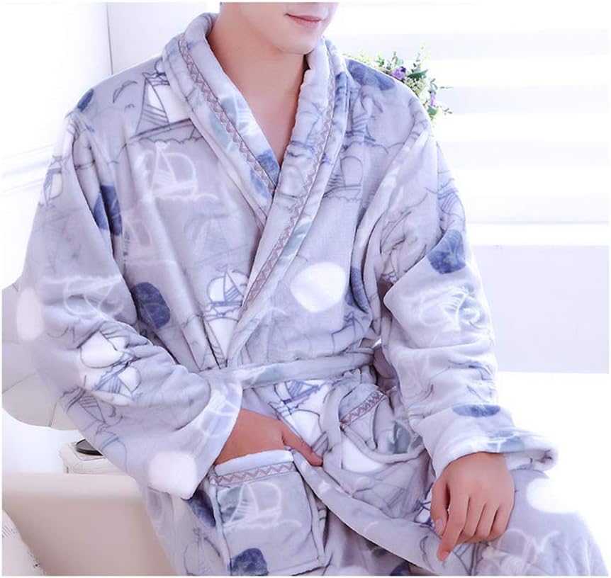 femaroly Man Autumn and Winter Fleece Warm Bathrobe Kimono Spa Robe