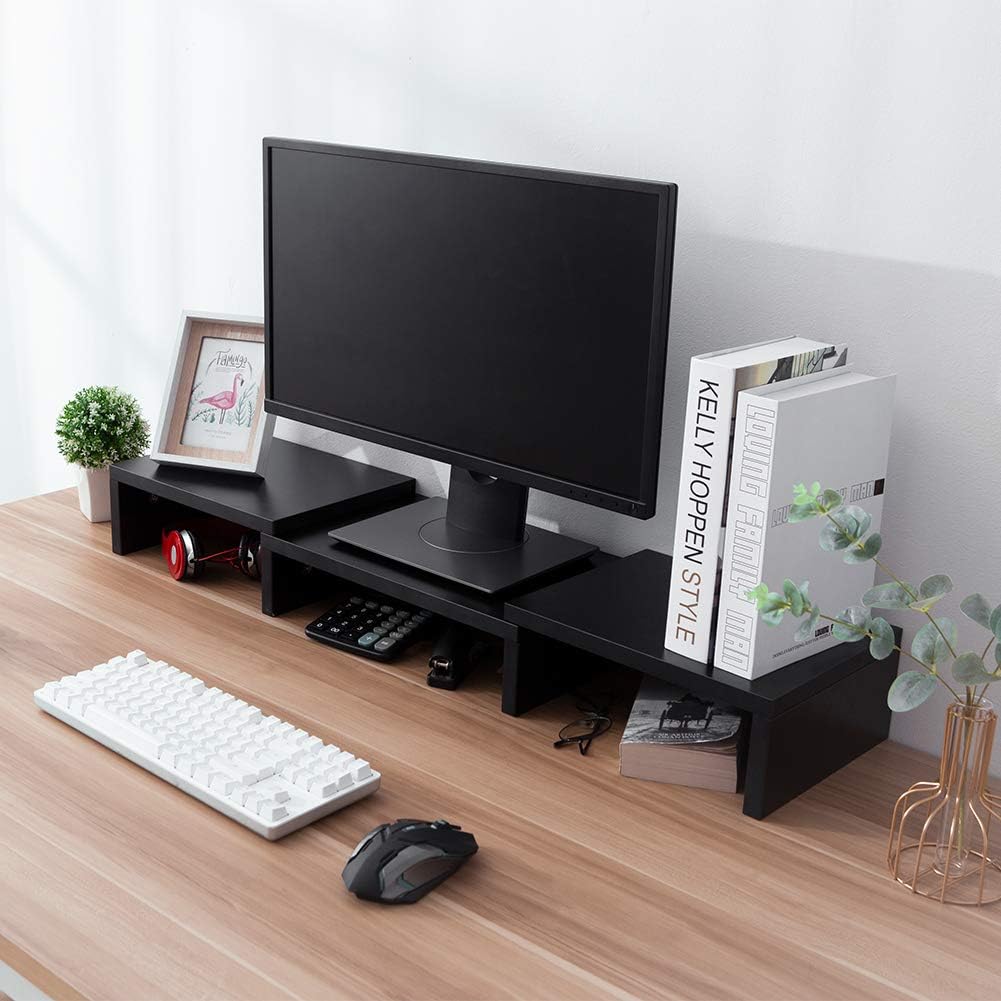Superjare Dual Monitor Stand Riser, Adjustable Length and Angle Multi Screen Stand, Desktop Stand Storage Organizer for Laptop Computer/TV/PC/Printer- Black : Office Products