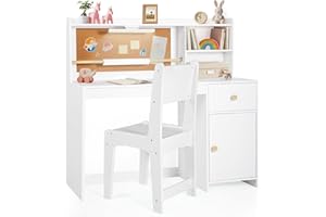 Frogprin Kids Desk and Chair Set, Kids Study Desk with Night Light Drawing Paper Roll, Hutch & Storage Cabinet, Child's Table-Student Writing Art Table Widened Desktop Computer Workstation for 5-12