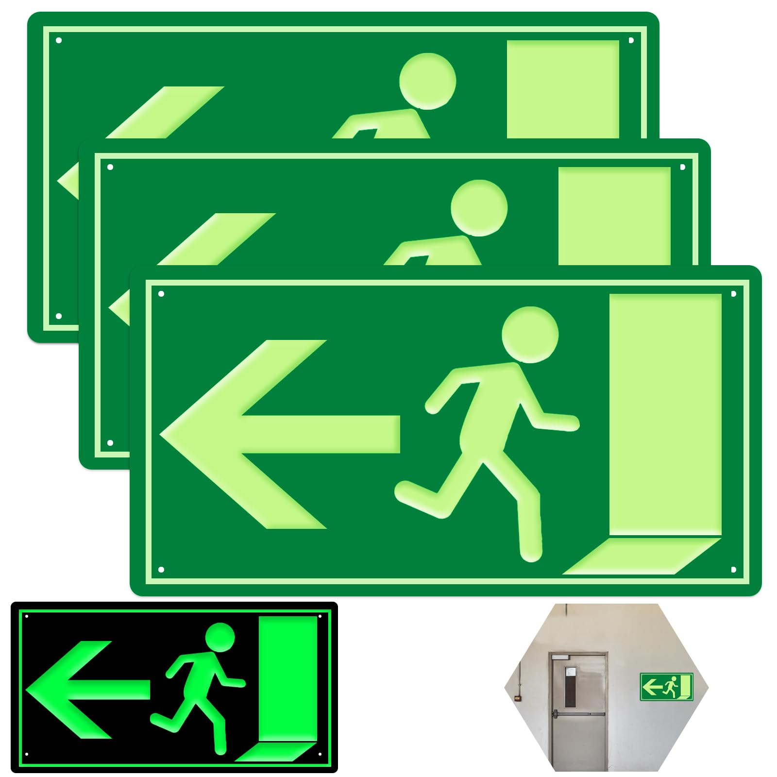 3 Pieces Emergency Exit Sign Illuminated Emergency Exit Sign, 300x150mm Emergency Exit Sign, Emergency Exit Sign for Information Sign(Left)