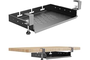 BYMECOST No Drill Under Desk Laptop Mount, Metal Under Desk Storage Shelf with Cable Management, Laptop Storage Tray for MacBook, Keyboard, Mac Mini, Anti-Scratch Silicone, Fits Office, Gaming, Workstations