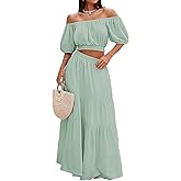 HUUSA 2026 Summer 2 Piece Boho Outfits for Women Short Sleeve Off Shoulder Crop Top and High Waist Flowy Long Skirt Set