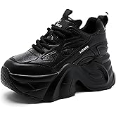 PTNOKA Women's Chunky Platform Walking Dad Shoes Lace Up Wedge Low Top Height Increasing Shoes Fashion Comfortable Casual Sneakers