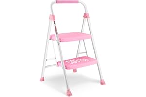 SocTone 2 Step Ladder, Folding Step Stool with Handle, Wide Anti-Slip Pedal, Lightweight, Multi-Use for Household and Office, 500lbs Capacity Sturdy Steel Ladder, Pink