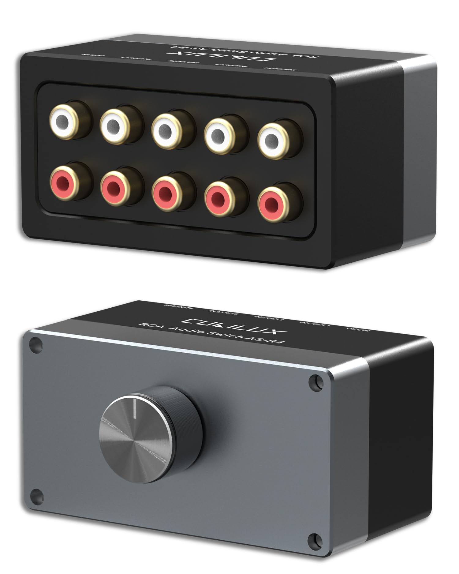 Cubilux AS-R4 4-Way Bidirectional RCA Switch, Passive 4-Channel Stereo RCA Speaker Selector Box, 1-Input to 4-Output/4-Input to 1-Output RCA Audio Switcher