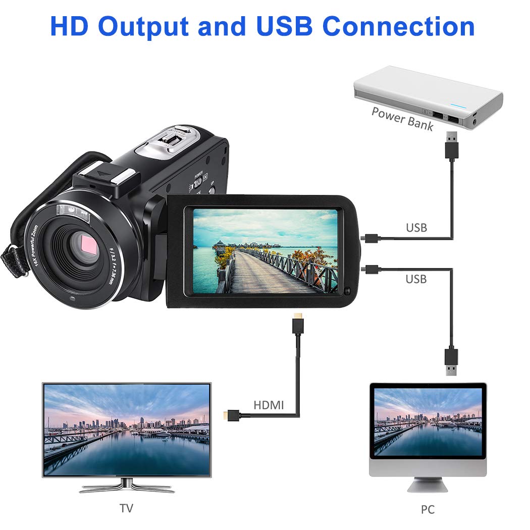 Videokamera Camcorder, Cofunkool 1080P Full HD 16X Digital Zoom Nachtsicht Vlogging Kamera mit externem Mikrofon Weitwinkelobjektiv Fernbedienung