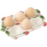 6-Cup Handmade Deviled Egg Platter | 6-Cup Handmade Deviled Egg Platter, Embossed Strawberries &amp; Winding Vines, Country Farmhouse Aesthetic for Kitchen Decor
