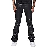 WDIRARA Men's PU Leather Pants High Waist Flare Leg Long Disco Pants with Pockets