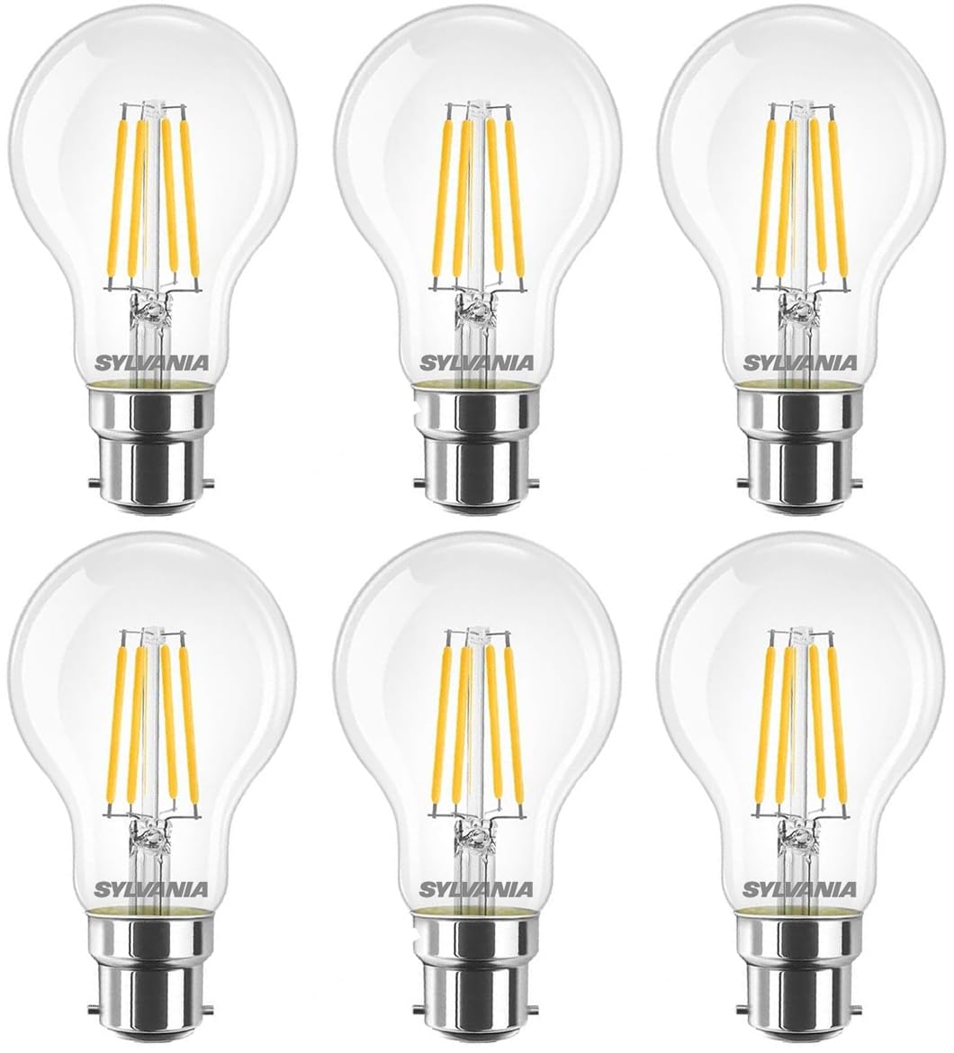 SYLVANIA GLS Clear Filament LED Light Bulbs, B22, 4.5W, 470 Lumens, Warm White 2700K - 6 Pack