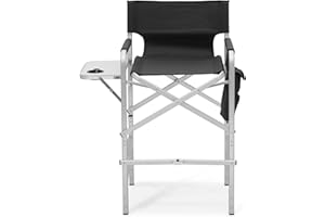 Athena Collection 44.5" Tall Directors Chair, Folding Makeup Artist Chair with Side Table Cup Holder Pocket Footrest, Outdoor Portable High Chair Barber Chair Supports 250LBS, Black
