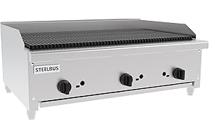 STEELBUS 36 Inch Commercial Gas Charbroiler, Stainless Steel Countertop Grill with 3 Burners 84000 BTU, Heavy Duty Restaurant BBQ Broiler, Natural Gas/Propane, Cast Iron Grates