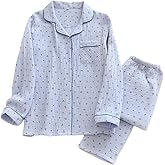 codcm Womens Cotton Gauze Pajama Set Long Sleeve Button Up Shirt and Pants 2 Piece Cute Printed Pj Set