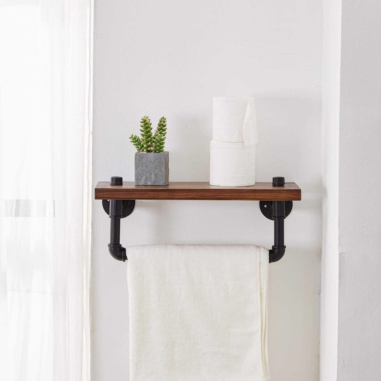 Industrial Bathroom Pipe Shelves Shelving ,Rustic Pipe Wall Shelf with Towel Bar Towel Racks for Bathroom , Farmhouse Pipe Shelves with Wood Planks ROGMARS: Kitchen & Dining