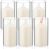 Yaomiao 6 Set Hurricane Candle Holder Sleeve with Unscented Pillar Candles Clear Glass Cylinder Candleholder Open Ended Glass Candle Cylinders Bottomless Chimney Tube Candle Shade Bulk (2.5 x 6 Inch)