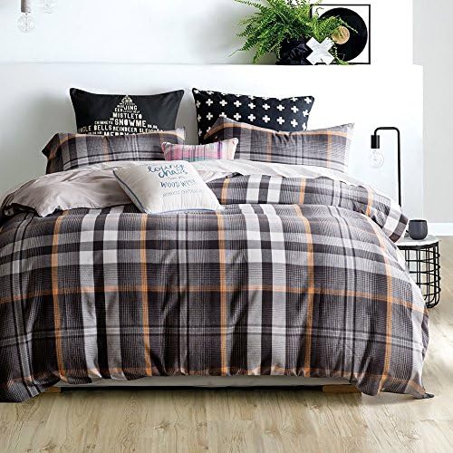 UFO Home 100% Cotton Flannel 3pc Duvet Cover Set, Yarn-dyed Bedding Set, 600 Thread Count High Percale, Grey Coffee White Plaid Design, Button Close, No Inside Filler (Full, Martin-LE)