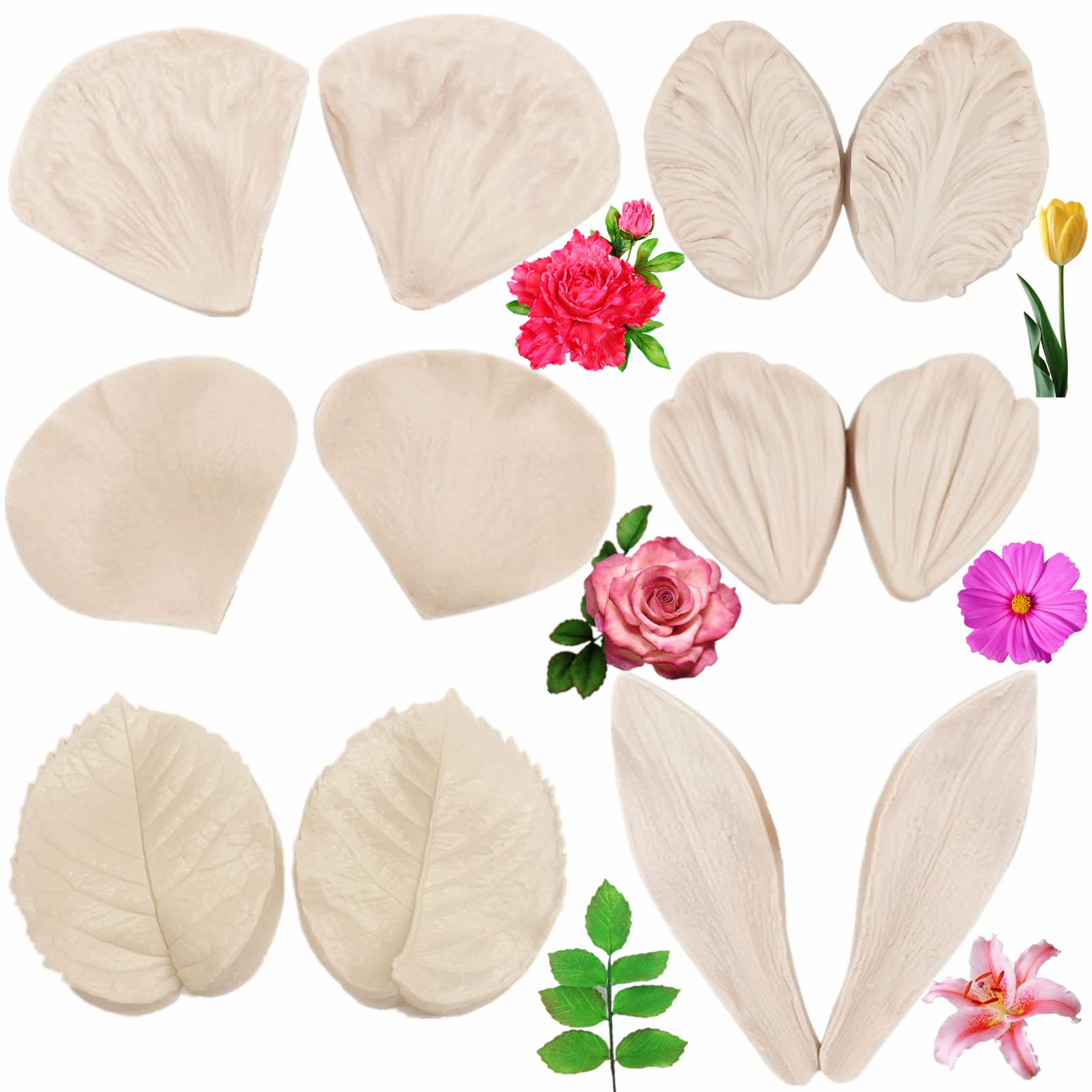 6set Gum Paste Flower Mould Fondant Silicone Mould Sugar Petal Mould Gum Paste Flower Tools for Peony Rose Lily Daisy Tulips Petals Polymer Clay Fondant Cake Decorating Tools