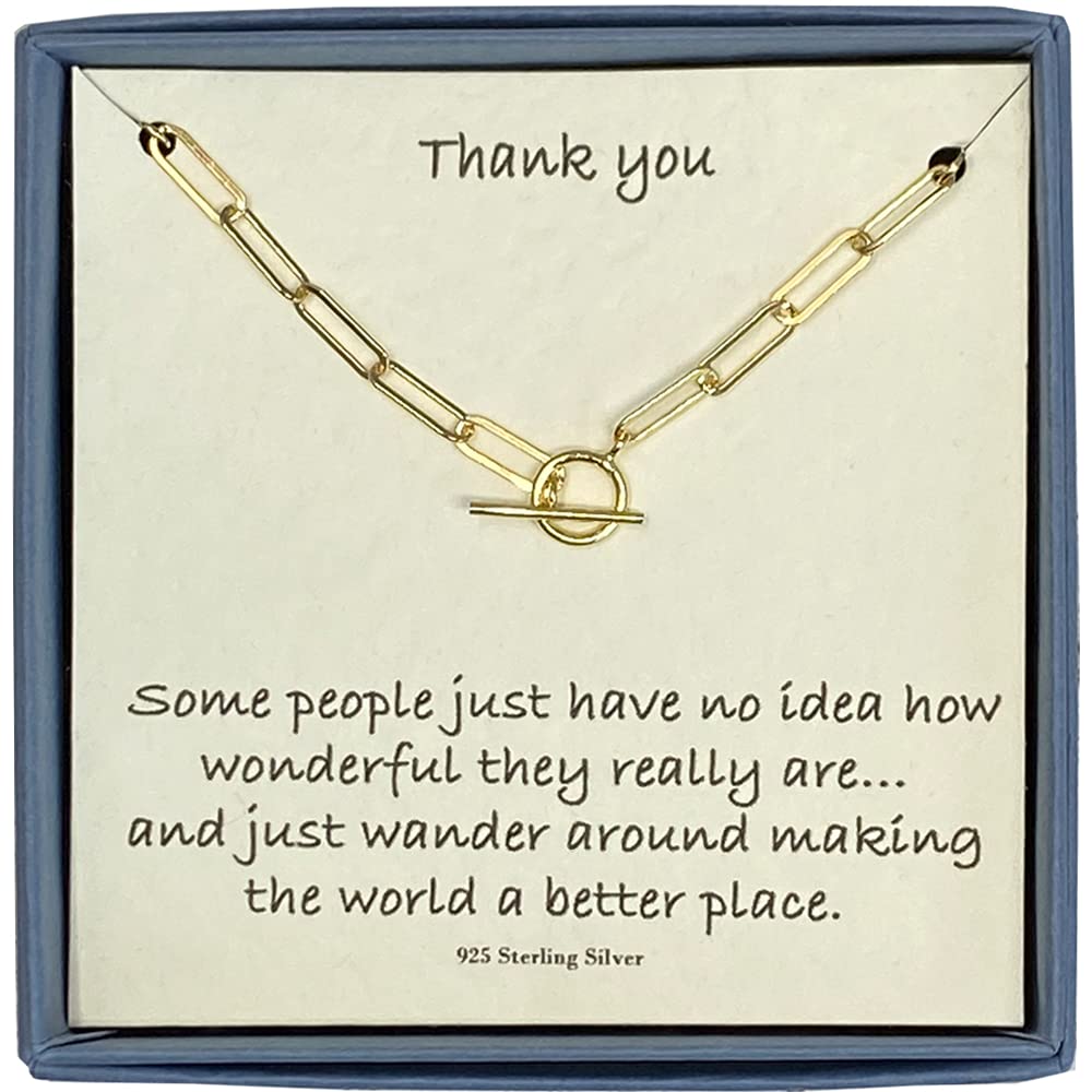 Strictly Gifts Thank You Ladies 24ct Gold Plated Elongated Oval Paperclip Link T-bar Necklace for Women 43cm with Gift Box and Funny Card
