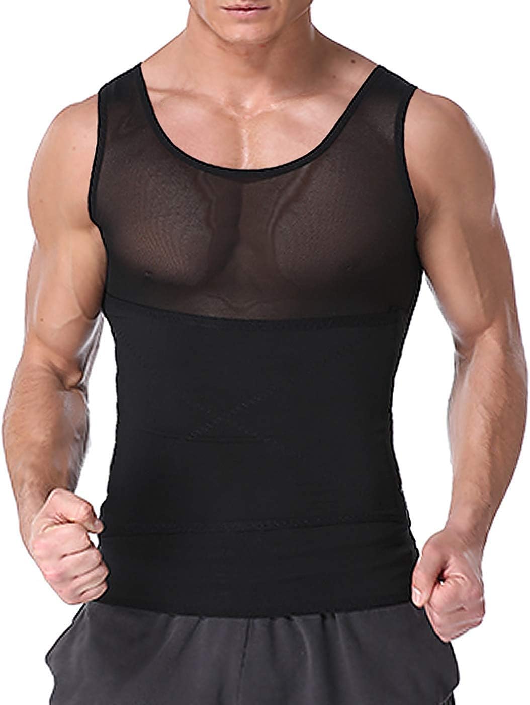 Men's Mesh Slimming Body Shaper Compression Shapewear Shirt with Side Hook Vest Tummy Tight Tank Top