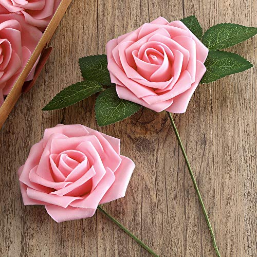 Higfra Artificial Flowers Pink Roses Real Looking Fake Roses w/Stem for DIY Wedding Bouquets Centerpieces Arrangements Party Baby Shower Home Decorations - Pink