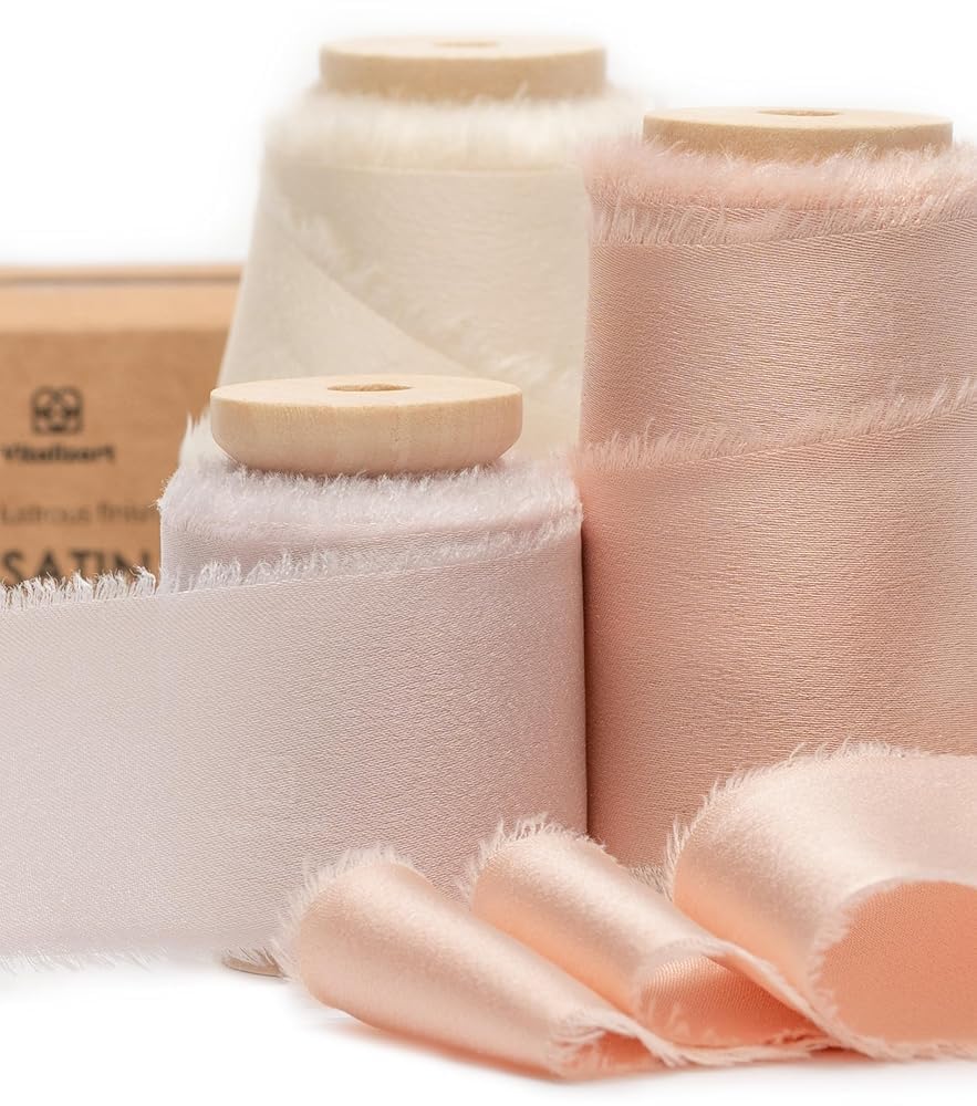 Vitalizart Pink & Nude Silky Satin Ribbon, 1.5'' x 15 Yard with Wooden Spool, Handmade Fringe Chiffon Ribbons for Gift Wrapping, Festive Decoration, DIY Craft, Wedding Bridal Bouquet, Valentines