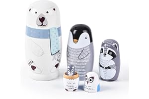 Tngan Nesting Dolls, 5Pcs 6" Tall Russian Nesting Dolls, Polar Bear Christmas Decorations，Handmade Matryoshka for Kids, Wooden Stacking Toys for Christmas Home Wedding Party Decorations (Polar Bear)
