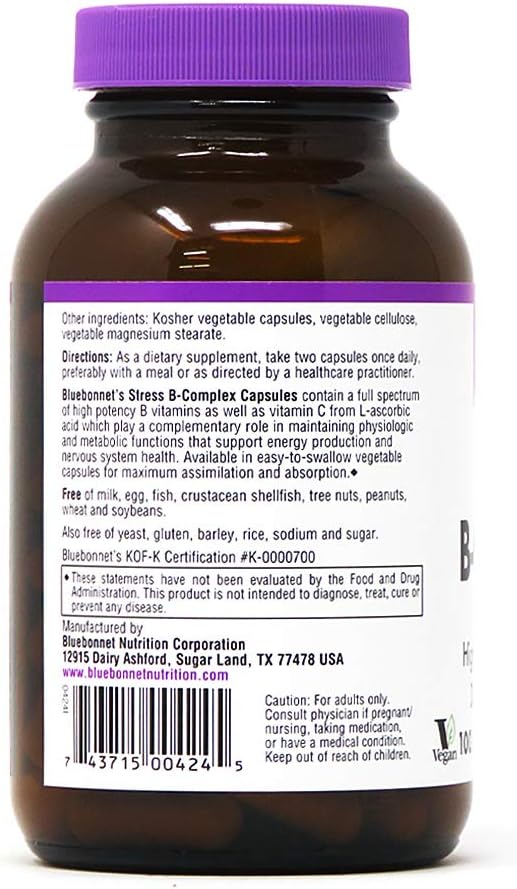 Bluebonnet Nutrition Stress B Complex Vegetable Capsules, Vitamin B6, B12, Biotin, Folate, Stress Relief, Vegan, Vegetarian, Gluten Free, Soy Free, Milk Free, Kosher, 100 Vegetable Capsules: Health & Personal Care