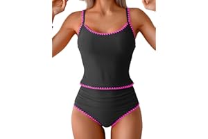 Eomenie Tankini Swimsuit for Women Tummy Control Ruched Two Piece Bathing Suits High Waisted Shell Stitch Swimwear