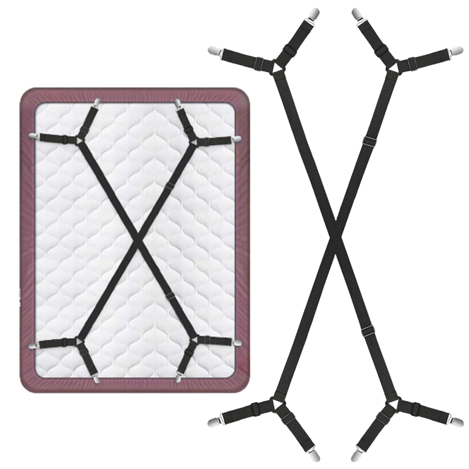 Nuqin Bed Sheet Clips - 2PCS Fitted Sheet Clips,Adjustable Sheet Clips for Bedding,Nickel - Bed Sheet Straps, Black - Keep Your Sheet Flat & Wrinkle