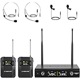 Phenyx Pro UHF Wireless Microphone System w/ 2x30 Tunable Frequencies, Metal Cordless Mic Set, 200 ft Range, 2 Bodypacks & Headsets/Lapel Mics for Speaking, Singing, Church, DJ (PTU-52-2B)